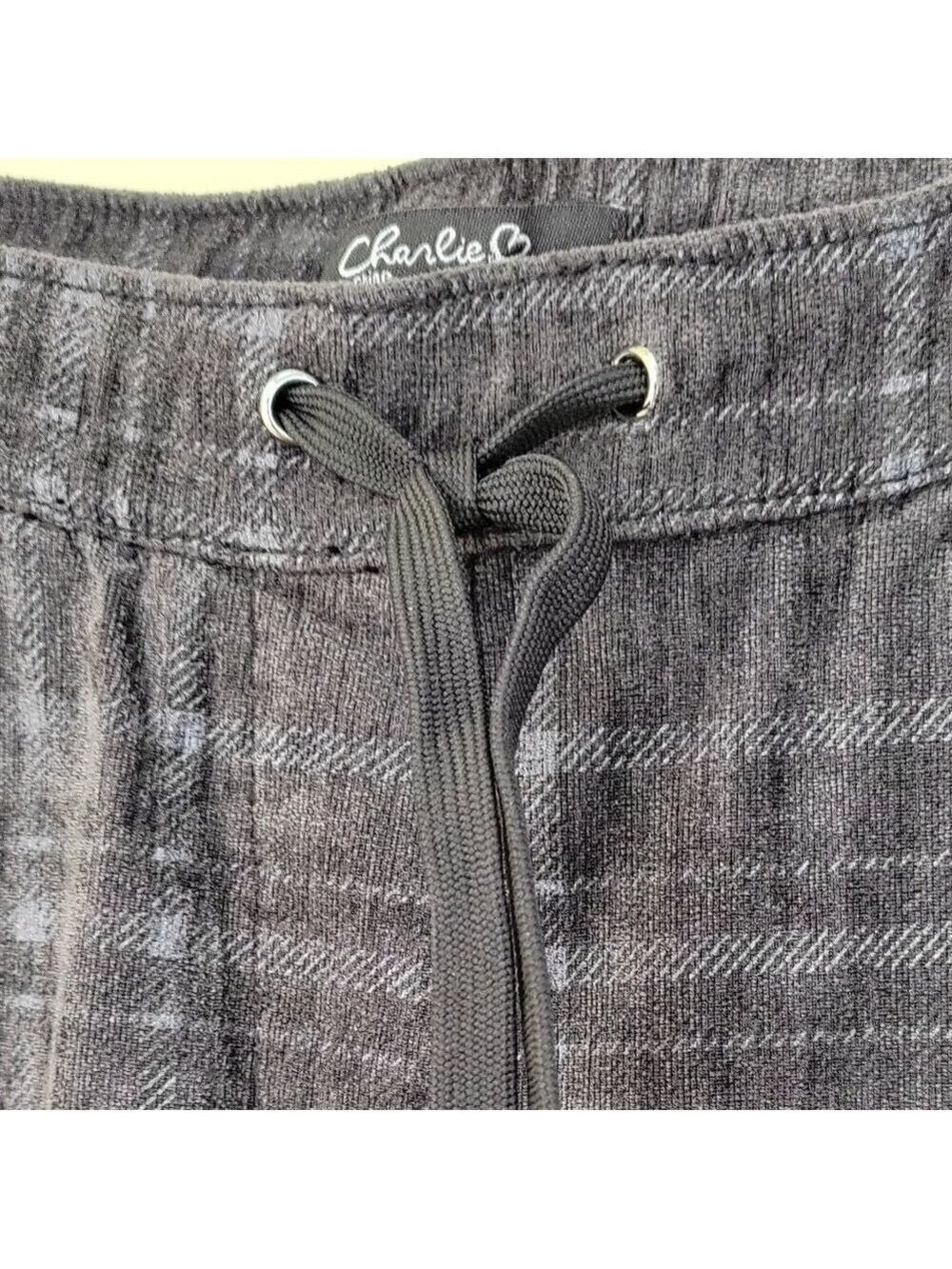 Charlie B Velour Pull On Drawstring Straight Leg Pants Gray Plaid Women's Size S - Picture 5 of 10